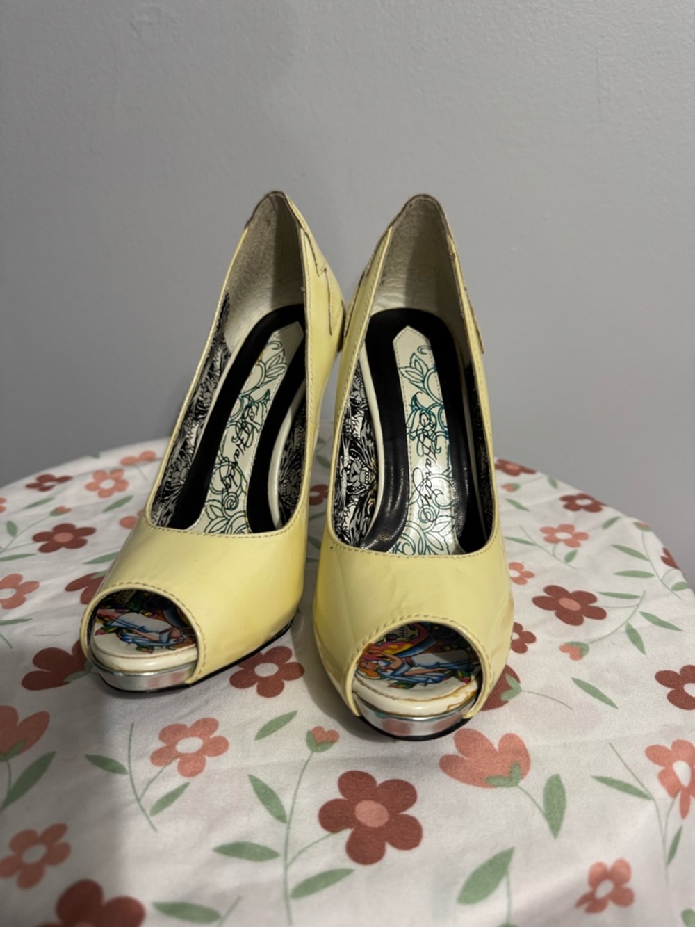 Ed Hardy Yellow Peep-Toe Platform Pumps